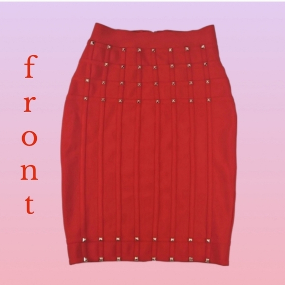 Red Gold Studded Bodycon Skirt, *M - Picture 5 of 5